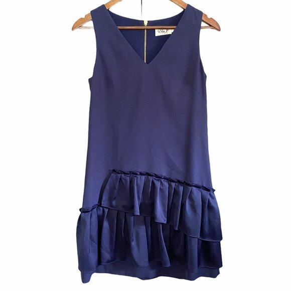Eliza J Navy Blue Asymmetrical Pleated Fit Flare Crepe Vneck Shift Dress Size 2P - Picture 2 of 8